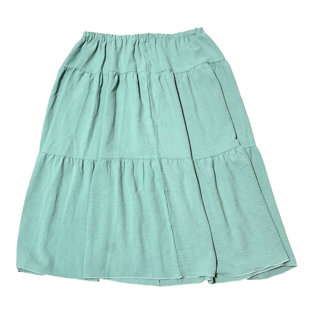 Peasant High Rise Tiered Midi Skirt Boho Coastal Cowgirl Minimalist Green Large